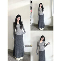 Bộ Đồ Mùa Thu Áo Dệt Kim Cổ Chữ V Cho Nữ Áo Chân Váy Cạp Cao Phong Cách Hàn Quốc Áo Mặc Trong