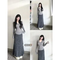 Bộ Đồ Mùa Thu Áo Dệt Kim Cổ Chữ V Cho Nữ Áo Chân Váy Cạp Cao Phong Cách Hàn Quốc Áo Mặc Trong