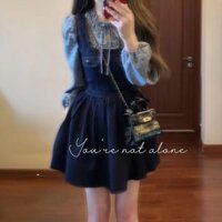 Bộ đồ mùa thu kết hợp váy yếm thắt nơ cổ điển Áo sơ mi ren chấm bi nữ thiết kế thời trang