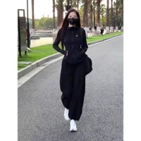 [Bộ đồ mùa xuân] Bộ đồ thể thao thông thường dành cho nữ Xuân Thu Phong cách mới Phiên bản Hàn Quốc dáng rộng mỏng hơn Thiết kế dáng rộng Cảm giác Áo nỉ dây kéo đôi Bộ đồ hai mảnh Hợp thời trang