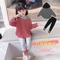 Bộ đồ mùa xuân cho bé gái Bộ đồ mùa thu cỡ trung cho trẻ em Áo thun sọc có mũ trùm đầu + Bộ đồ legging kẻ sọc