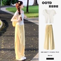 Bộ đồ mùa xuân cho bé gái mới Slimmer Nhìn ngắn tay Top chấm bi Quần ống rộng hai mảnh