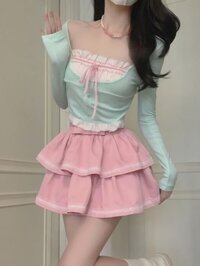 Bộ đồ mùa xuân cô gái tinh khiết ham muốn áo mỏng màu xanh bạc hà + váy ren hồng váy tutu bộ hai mảnh