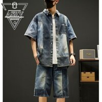 Bộ đồ nam ASRV Áo sơ mi ngắn tay denim quần short denim hợp thời trang và dễ kết hợp với thiết kế dáng rộng thương hiệu hợp thời trang