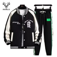 Bộ đồ nam HANLU, áo khoác bóng chày màu tương phản, quần nỉ thông thường, bộ đồ hai mảnh, thể thao rộng rãi