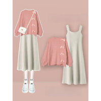 Bộ đồ năm mới váy phụ nữ váy áo len màu hồng