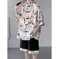 Bộ đồ nam phong cách Trung Quốc, áo sơ mi ngắn tay in họa tiết với quần short, bộ đồ phong cách Hàn Quốc cho nam