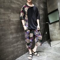 Bộ đồ nam phong cách Trung Quốc khâu Áo thun nam ngắn tay Quần đi biển rộng rãi cỡ lớn cỡ lớn hai mảnh/3.19