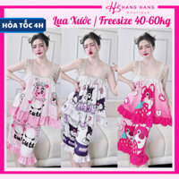 Bộ đồ ngủ 2 dây ren lửng ngố lụa xước vân chữ freesize 40-60kg, đồ bộ nữ mặc nhà đồ ngủ lụa cute dễ thương sang chảnh