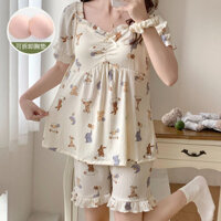 Bộ Đồ Ngủ 2024 Nữ Loungewear Có Miếng Lót Ngực Mùa Hè Giả Cotton Vải Nhăn Quần Short Tay Ngắn ins Phong Cách Ngọt Ngào Bong Bóng Cotton Loungewear Set