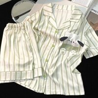 Bộ đồ ngủ bằng lụa băng dành cho nữ Quần Short tay ngắn có họa tiết sọc, Bộ đồ ngủ mặc nhà mỏng siêu dễ thương