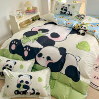 Bộ đồ ngủ bốn món bằng lụa giặt hoạt hình gấu trúc mùa hè, ga trải giường mịn màng, vỏ chăn đơn, bộ ba món Tencel MMFL