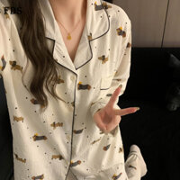 Bộ đồ ngủ Bông Mây FDS quần dài tay dễ thương chó Dachshund chấm bi nữ bộ đồ mặc nhà hai chiếc