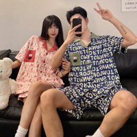 Bộ đồ ngủ cặp đôi mùa hè 2024 Bộ đồ ngủ Cardigan Bộ đồ ngủ ngắn tay và quần Short 25Cotton Hoạt hình Đồ ngủ dễ thương cho người đàn ông