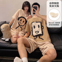 Bộ đồ ngủ cặp đôi mùa hè có đệm áo ngực cho nữ Quần Short ngắn tay hoạt hình Jacquard Cotton Blend Quà tặng mặc nhà cho ngày lễ tình nhân