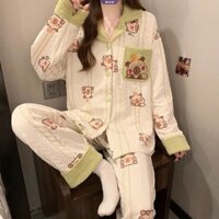 Bộ Đồ Ngủ Capybara Nữ Dài Tay Thu Đông Dày Nhiều Lớp Quần Cotton Không Khí Mặc Nhà Bộ Đồ Hai Mảnh [BL]