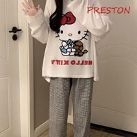 Bộ đồ ngủ cho mèo PRESTON Kitty, Bộ đồ ngủ lưới dài tay hoạt hình, Đồ ngủ cổ tròn Kawaii mềm mại Đồ ngủ hai mảnh tại nhà