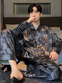 Bộ đồ ngủ cho nam mùa xuân và mùa thu bộ đồ dài tay mỏng lụa băng tuyết mẫu mùa thu bộ đồ mặc nhà h