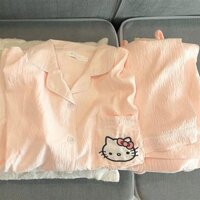 Bộ Đồ Ngủ Có Miếng Lót Ngực Nữ Xuân Thu 2025 Phong Cách Mới Mới Màu Hồng KT Cat Quần Dài Tay Học Sinh Có Thể Mặc Bên Ngoài Bộ Đồ Gia Đình
