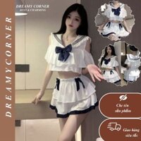Bộ đồ ngủ cosplay Học sinh Nhật Bản quyến rũ ngọt ngào nóng bỏng DN87 Váy ngủ cosplay học sinh 2 mảnh đính nơ cổ gợi cảm