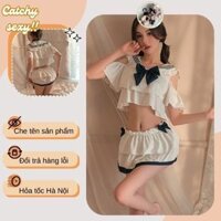 Bộ đồ ngủ cosplay Học sinh Nhật Bản quyến rũ ngọt ngào nóng bỏng DN87 Váy ngủ cosplay học sinh 2 mảnh đính nơ cổ gợi cảm