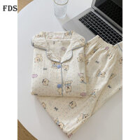Bộ đồ ngủ cotton bông hoạt hình FDS Cloud cho phụ nữ với cổ gập nhỏ, bộ đồ mặc nhà mới mùa thu đông tay dài quần dài