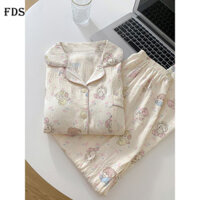 Bộ đồ ngủ cotton bông hoạt hình FDS Cloud cho phụ nữ với cổ gập nhỏ, bộ đồ mặc nhà mới mùa thu đông tay dài quần dài