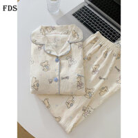 Bộ đồ ngủ cotton bông hoạt hình FDS Cloud cho phụ nữ với cổ gập nhỏ, bộ đồ mặc nhà mới mùa thu đông tay dài quần dài