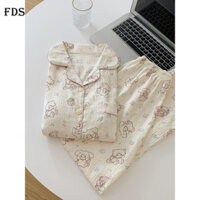 Bộ đồ ngủ cotton bông hoạt hình FDS Cloud cho phụ nữ với cổ gập nhỏ, bộ đồ mặc nhà mới mùa thu đông tay dài quần dài