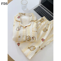 Bộ đồ ngủ cotton bông hoạt hình FDS Cloud cho phụ nữ với cổ gập nhỏ, bộ đồ mặc nhà mới mùa thu đông tay dài quần dài