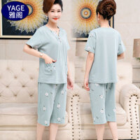 Bộ đồ ngủ cotton cho mẹ trung niên, kích thước lớn, thoải mái, mùa hè, tay ngắn, quần bảy điểm, bộ đồ mặc trong nhà