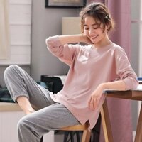 Bộ đồ ngủ cotton mùa xuân và mùa thu cho phụ nữ, bộ đồ ngủ dài tay, thoải mái, kích thước lớn, đồ ngủ rộng rãi, mẹ có thể mặc ngoài, bộ đồ mặc ở nhà thoải mái