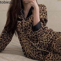 Bộ đồ ngủ da báo TOBIEMI, Áo len ngủ lụa sữa dáng rộng, Bộ đồ ngủ sang trọng Bộ đồ ngủ hai mảnh sang trọng Bộ đồ mặc nhà cho nữ bé gái
