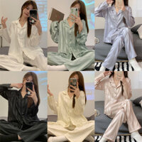 Bộ đồ ngủ dài tay bằng lụa họa tiết sọc phong cách Hàn Quốc cho nữ