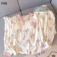 Bộ đồ ngủ dài tay mùa xuân thu FDS cho nữ bộ đồ mặc nhà ngọt ngào Instagram cotton đám mây mèo Hello Kitty