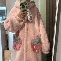 Bộ đồ ngủ dâu tây lông cừu san hô dành cho nữ dày ấm áp mùa thu đông Bộ đồ mặc nhà dài tay có thể mặc