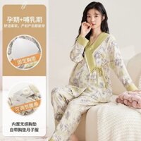 Bộ đồ ngủ đồ ngủ 100% cotton 100% mùa xuân thu có đệm ngực cho bà bầu Bộ đồ sau sinh đồ mặc nhà cho bà bầu cho con bú thu đông