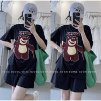 Bộ đồ ngủ đôi nam nữ unisex form rộng thêu gấu hồng cute, áo thun tay quần short đùi chất liệu cotton.