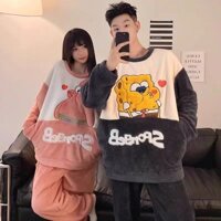 Bộ đồ ngủ đôi Pinxin mùa thu đông, lông cừu san hô dày, mới 2024, dễ thương cho nam, đồ mặc nhà mùa đông cho nữ