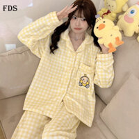 Bộ đồ ngủ flannel hoạt hình vui nhộn FDS quần dài tay dài tay mùa thu đông cho nữ Bộ đồ mặc nhà kẻ sọc giữ ấm dày dặn