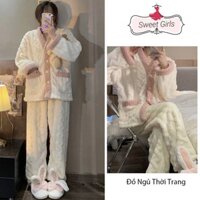 Bộ đồ ngủ Flannel sữa ngọt mùa thu đông mới dành cho nữ có cổ áo Kimono cho học sinh mặc ở nhà