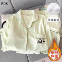 Bộ Đồ Ngủ Gấu trúc đỏ màu xanh sữa FDS dành cho nữ mùa đông Bộ đồ mặc ở nhà đáng yêu dày dặn chải hai mặt