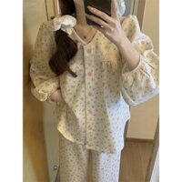 Bộ đồ ngủ giữ ấm phong cách Hàn Quốc Bộ đồ mặc nhà dài tay chần bông không khí hoa nhỏ ngọt ngào mẫu mới mùa thu đông cho nữ