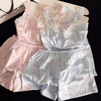 Bộ đồ ngủ hai dây lụa băng mèo Hello Kitty dễ thương mẫu mới FDS Bộ đồ mặc nhà quần short nữ mùa xuân hè