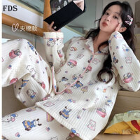 Bộ đồ ngủ hai mảnh cotton không khí FDS Hello Kitty Nhật Bản chấm bi cho nữ tay dài dễ thương