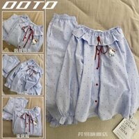Bộ đồ ngủ Hello Kitty cho phụ nữ, mùa xuân và mùa thu, tay dài, in họa tiết hoạt hình, đồ mặc ở nhà rộng rãi