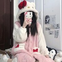 Bộ Đồ Ngủ Hello Kitty Mèo Dễ Thương San Hô Nhung Ngủ Đi Đêm Nữ Bộ Đồ Ngủ Thu Đông Size Lớn Dày Váy Ngủ