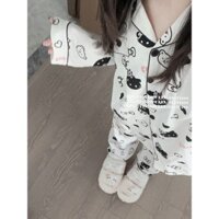 Bộ đồ ngủ Hellokitty Hello Kitty dễ thương dành cho nữ Xuân Thu Quần dài tay mới dành cho học sinh Bộ đồ mặc tại nhà dáng rộng và thoải mái