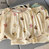 Bộ đồ ngủ heo chấm bi cotton FDS, quần dài tay xuân thu nữ, bộ đồ hai chiếc mặc nhà chui đầu cổ tròn