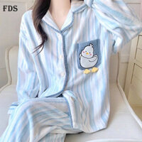 Bộ đồ ngủ hình vịt màu xanh FDS cho nữ bộ đồ mặc nhà học sinh nhung san hô dày dặn Flannel mùa thu đông